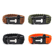 Four paracord bracelets with metal clasps in brown, green, black, and orange on a white background.