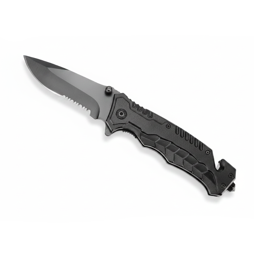 Folding tactical knife with features highlighted on a white background