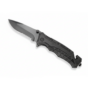 Folding tactical knife with features highlighted on a white background