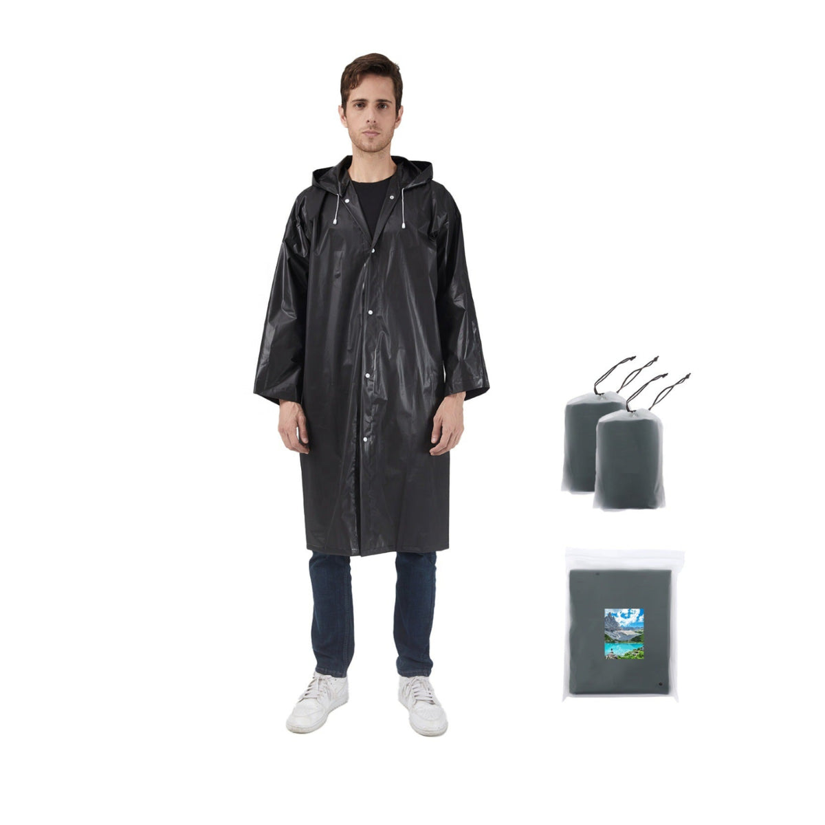 Person wearing a black raincoat with two gray bags and a pouch on a white background